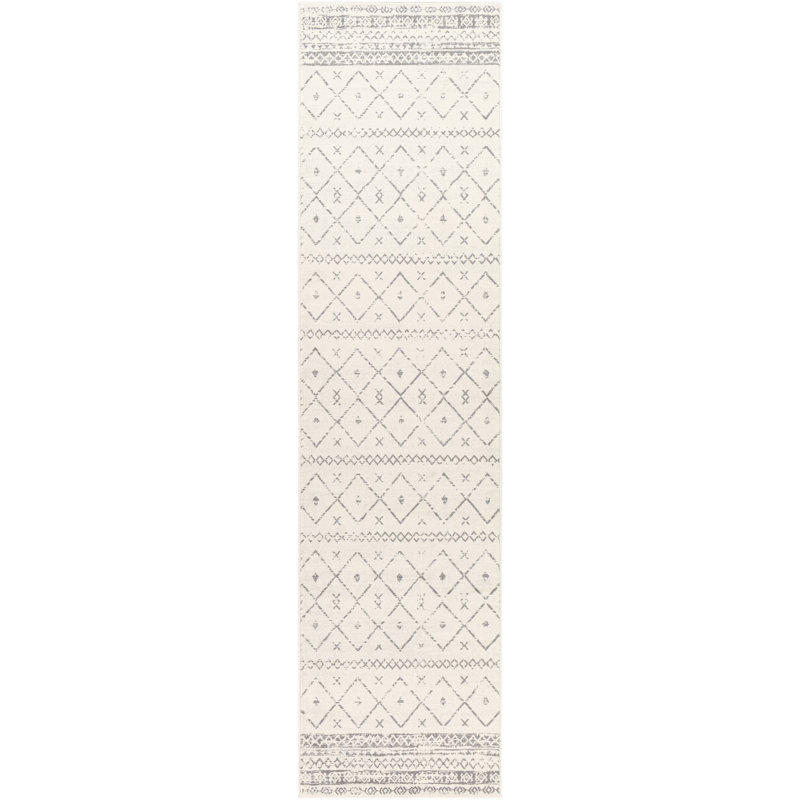 Herrod Machine Woven White/Medium Gray Area Rug, Runner 2'6" x 10'