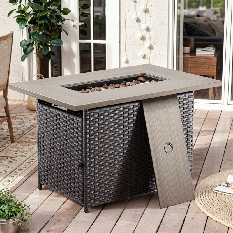 Table de foyer extérieur en osier de 104 cm (41 po) avec foyer au gaz propane de 50 000 BTU et pare-vent en verre. , Brun