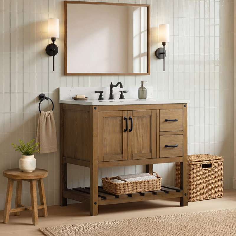 Meuble-lavabo simple 36 po Radstock, Blanc de Carrare, Naturel antique