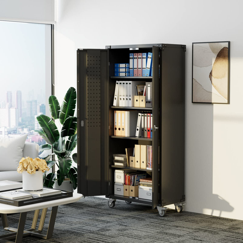 72" H x 31.5" W x 16.5" D Metal Storage Cabinet with Lockable Doors and Shelves, Black