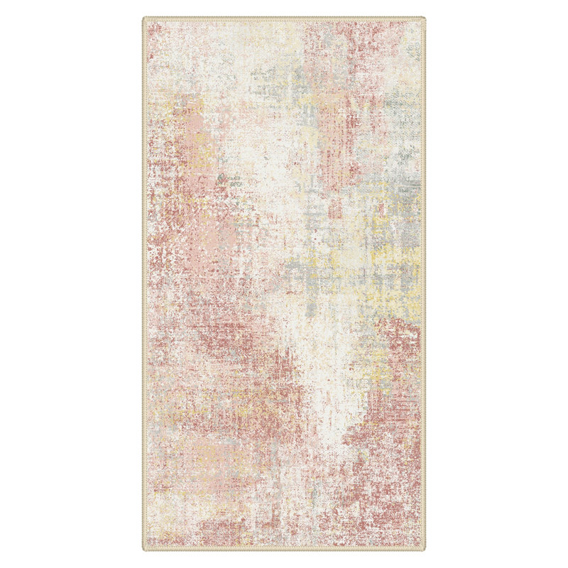 Abstract Area Rug, Rectangle 80 x 150 cm, Pink/Yellow/Beige