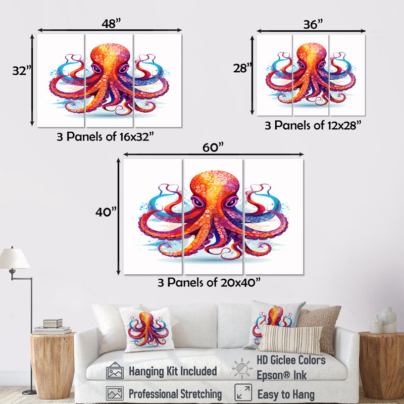 Ravenous red Octopus aquarelle - ensemble de salon art mural poulpe / calmar, Toile tendue, H 40 po x l 60 po x P 1 po