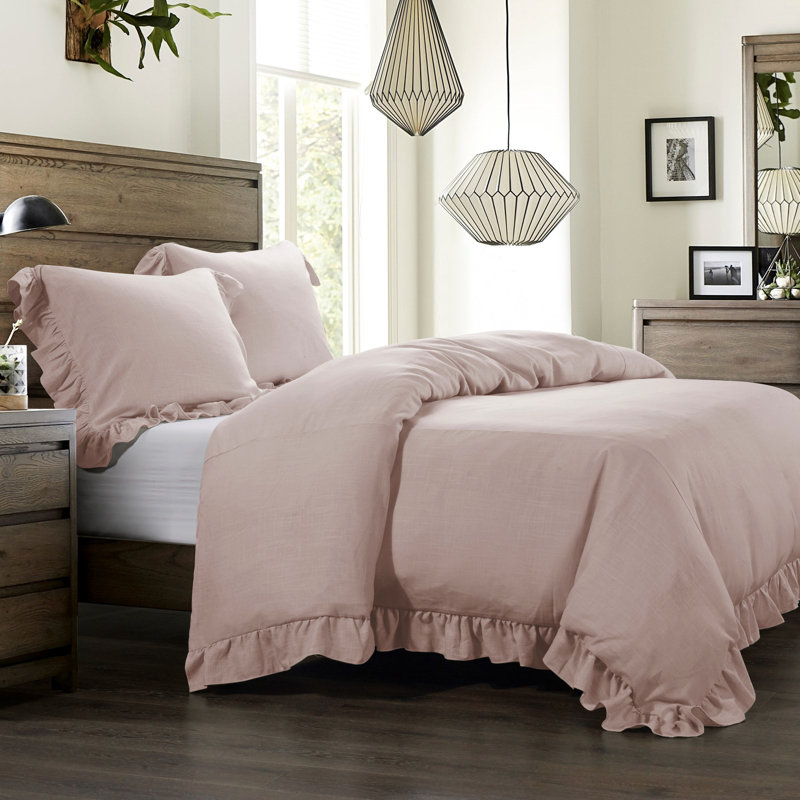 Lily Washed Linen Ruffled Edge Romantic Farmhouse 1 Piece Duvet Cover, White, Queen Duvet Cover