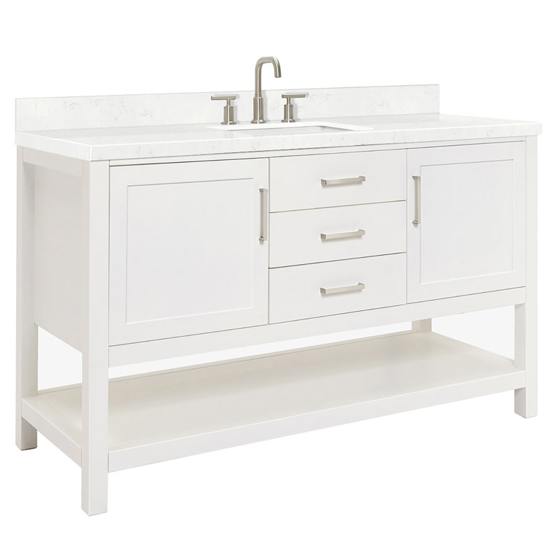 Meuble-lavabo simple avec plateau en quartz Abby, Gris, L 60 po, Quartz blanc de Carrare