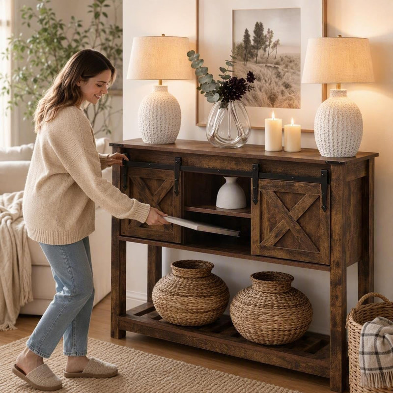 Entryway Table with Storage Shelf, Sliding Barn Doors Console Table for Living Room Hallway, Brun rustique