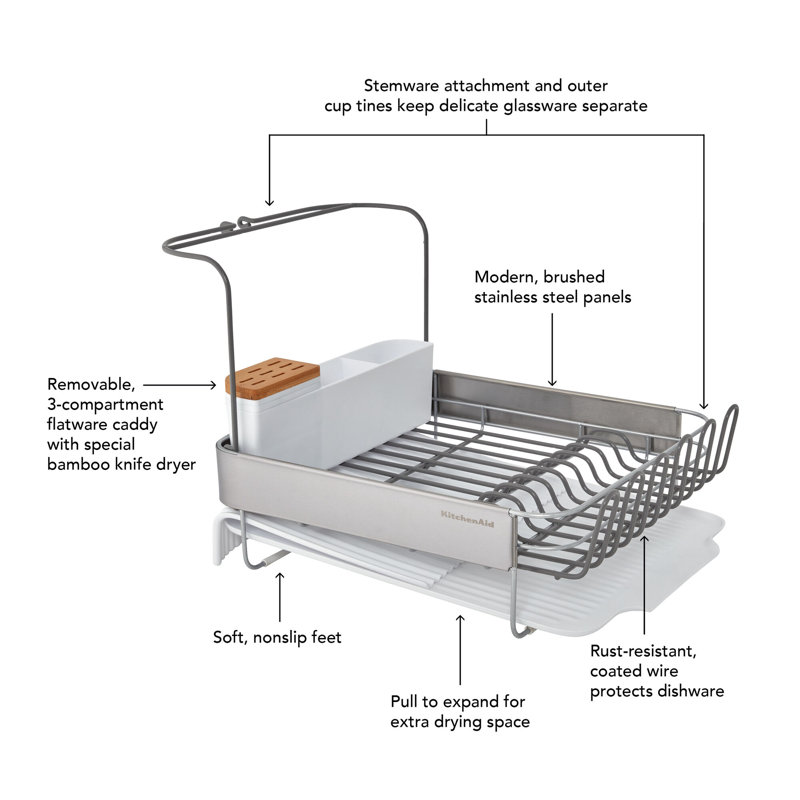 KitchenAid® Full Size Expandable Dish-Drying Rack, White, 14.25" H x 15" W x 17.63" D