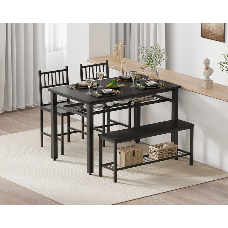 Ensemble de salle à manger 4 pièces, table avec tablettes de rangement, 2 chaises et 1 banc, rustique industriel, noir, Noir
