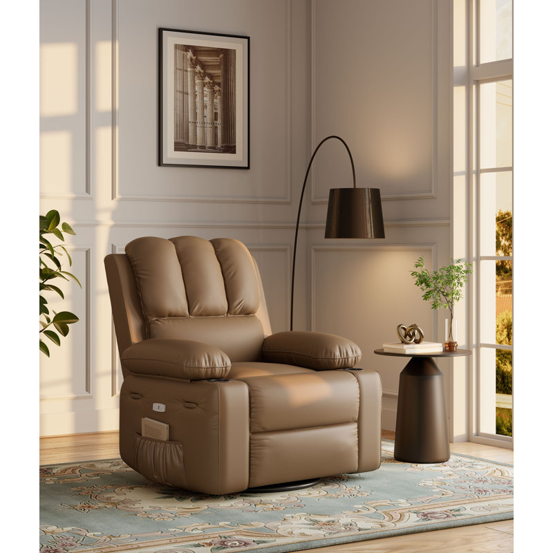 Heat & USB Port Swivel Massage Recliner with Cup Holder, 360° Manual Lazy Rocking Recliner in PU Leather for Bedroom, Earthy Yellow