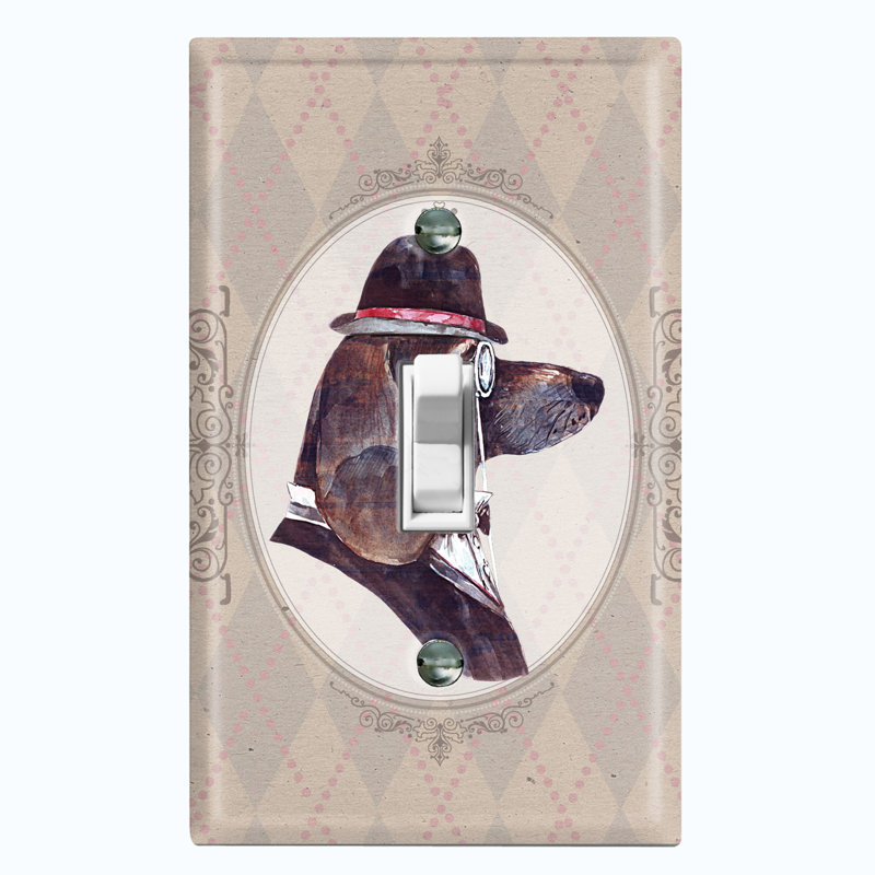 Metal Light Switch Plate Outlet Cover (Tuxedo Fancy Long Ears Dog Plaid Beige Frame - Single Toggle)