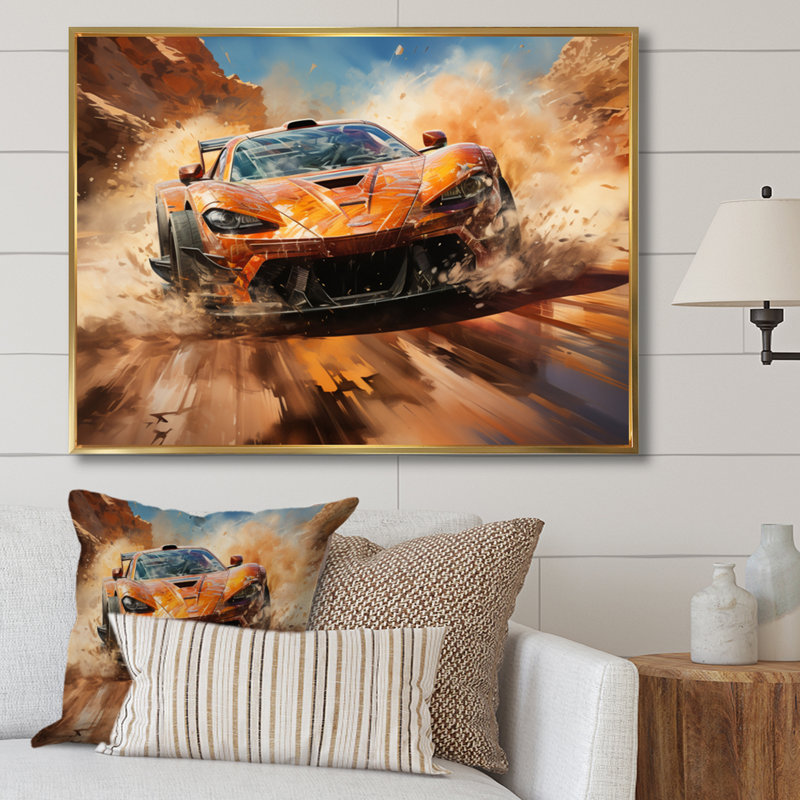 «Orange Exotic Car On Offroad II», reproduction sur toile, Cadre flottant doré, H 16 po x l 32 po x P 1 po