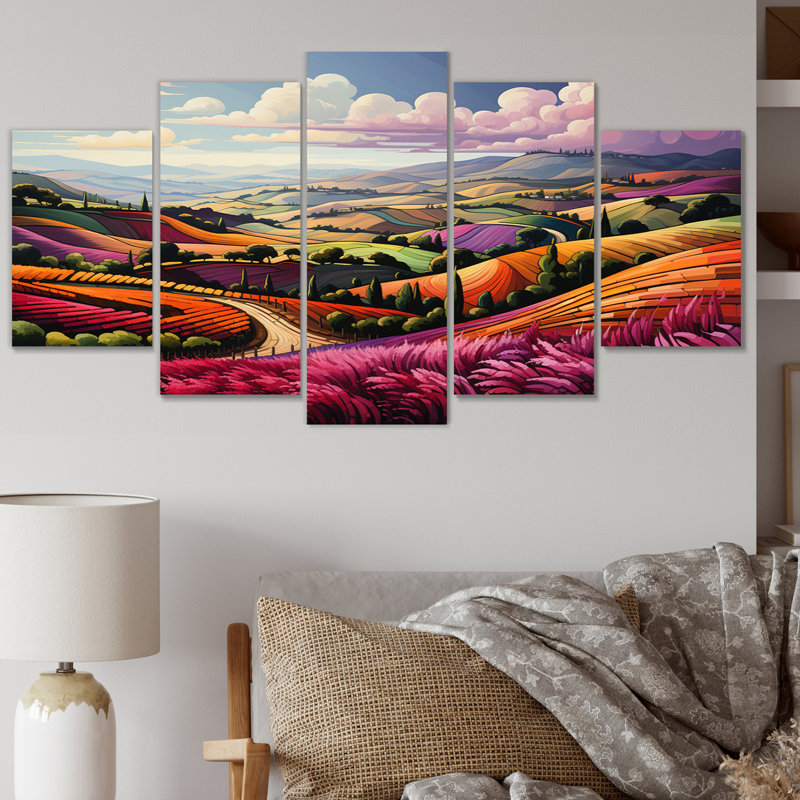 Rangées de rubis pourpre - orange, vigne et vignoble - 5 panneaux