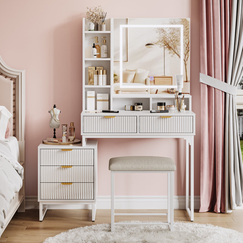 White Finish Makeup Vanity Desk with Lighted Mirror 5 Drawers Removable Side Cabinet Open Shelves & Stool Modern Bedroom Dressing Table
