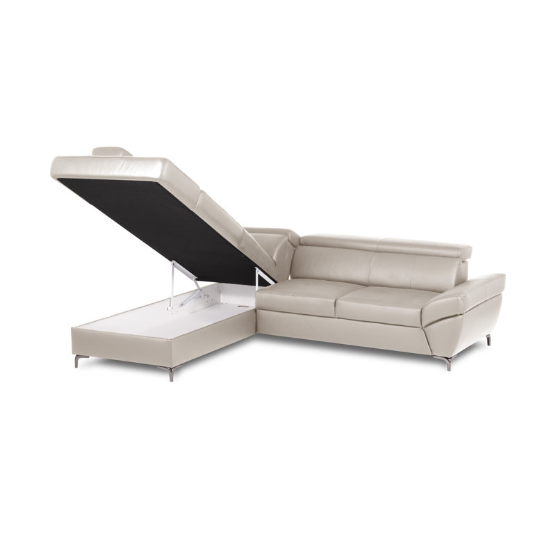 CAPRI Genuine Leather Corner Sofa with Pull-Out Bed and Storage and Adjustable Headrests, Beige, Left Hand Facing