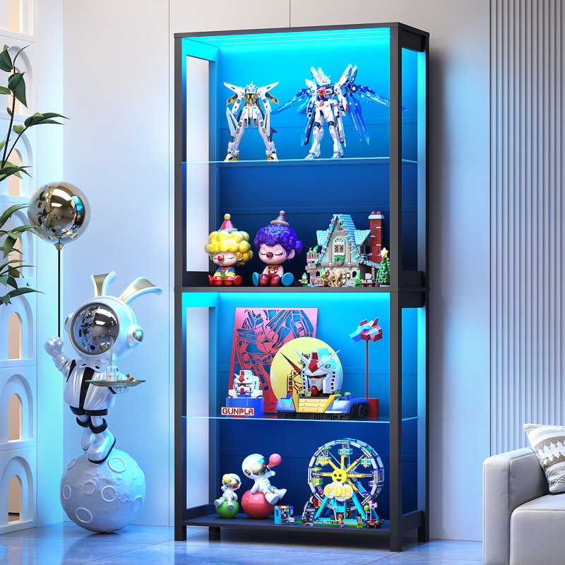Vitrine avec tablettes en verre, tablette à 4 niveaux avec lumières DEL, vitrine en verre avec tablettes amovibles, vitrine pour objets de collection, blanc