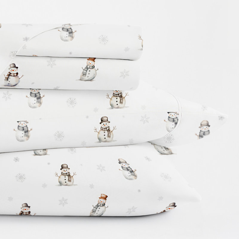 Christmas Sheet Sets - Holiday Prints, Twin Sheet Set with 1 Pillowscase, Vintage Snowman White