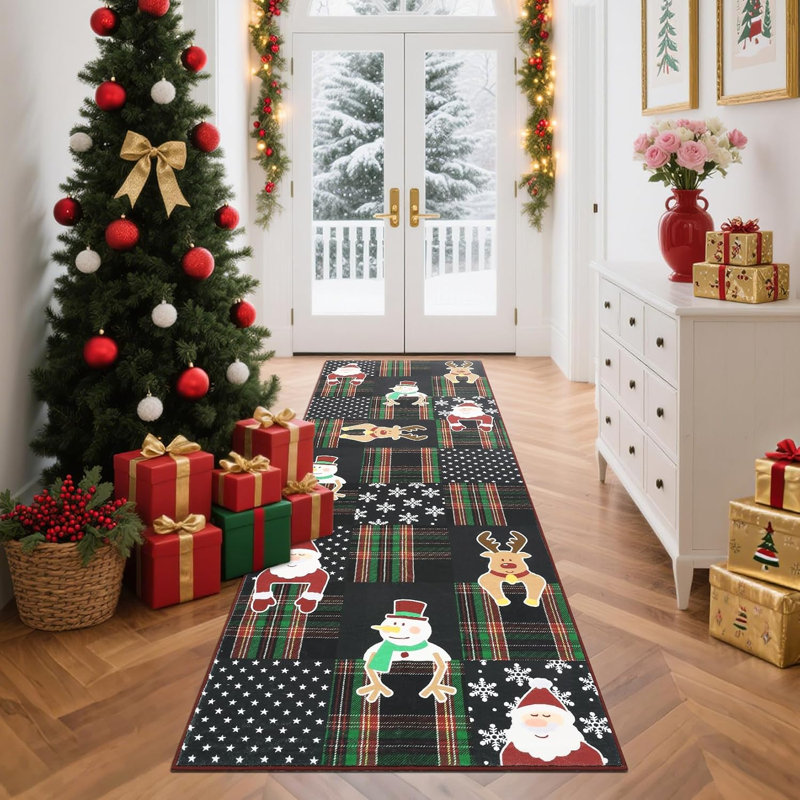2x6 Washable Christmas Runner – Non-Slip, Soft, Low Pile, Stain-Resistant Carpet for Hallway, Laundry, Kitchen (Red)