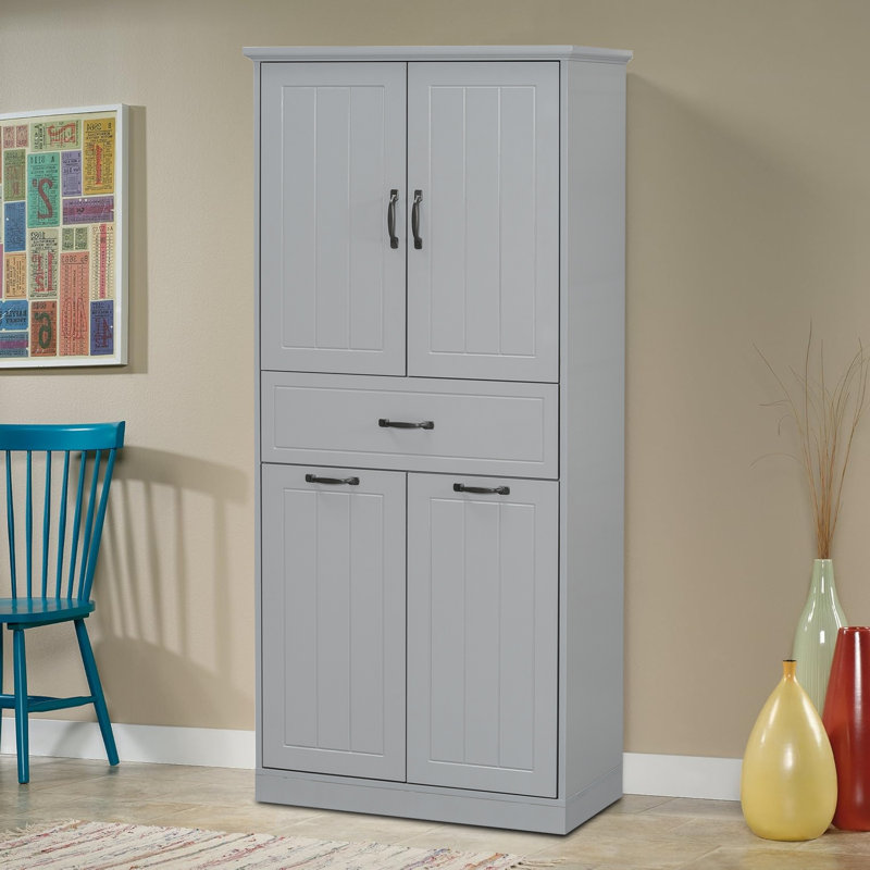 Armoire de salle de bain haute autoportante avec 2 paniers, tiroir et tablette réglable, charnières à fermeture en douceur