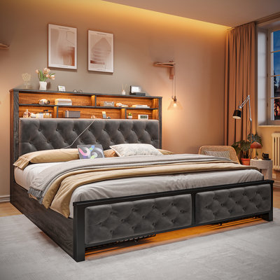 Bed With Headboard,upholstered Bed With 4 Storage Drawers,modern Bed Frame With Charging Station & Led Light