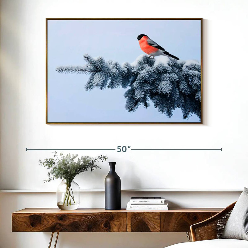Bouvreuil sur une épinette festive, Cadre flottant doré, 40 po x 27 po