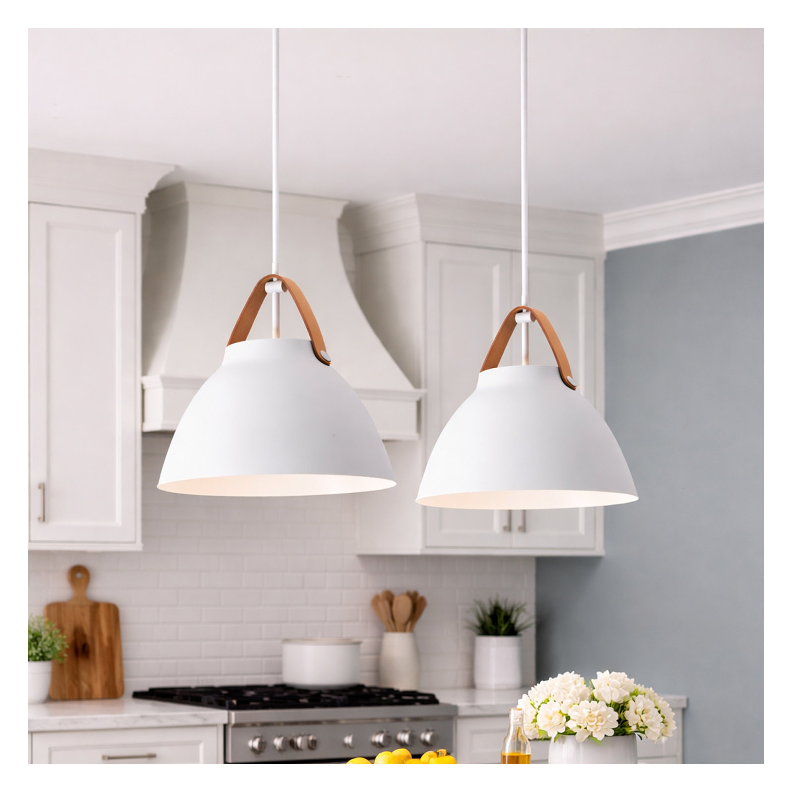 Gianni 1 - Light Single Dome Pendant, 14.5" H x 14.25" W x 14.25" D, Tan Leather/White