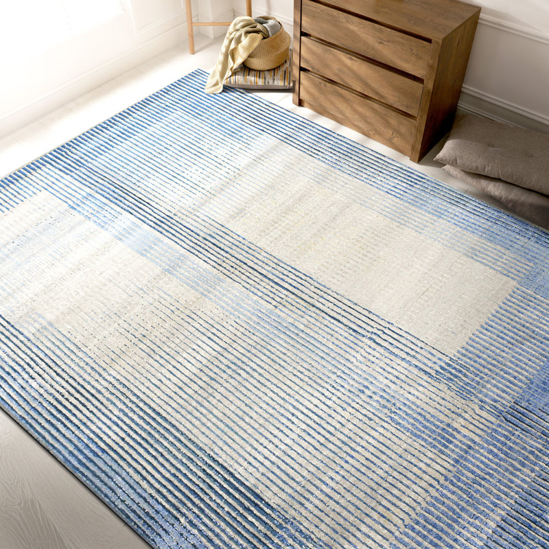 Hand Knotted Striped Area Rug in Silver/Blue, Rectangle 8' x 10'