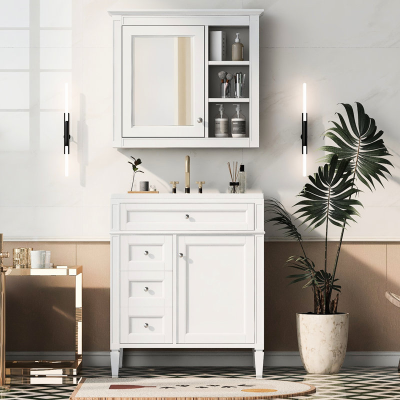 Meuble-lavabo de 30 po avec expérience confortable, 2 tiroirs, armoire de toilette et miroir, Blanc