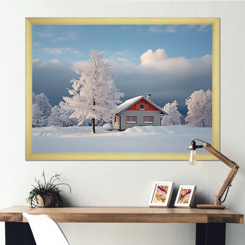 «Snowy Winter Hotel Lodges I», reproduction sur toile, Cadre doré simple, H 16 po x l 32 po x P 1 po