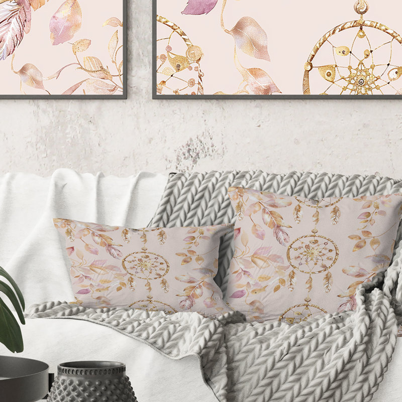 Coussin bohème doré - rose, H 16 po x l 16 po, Carrée