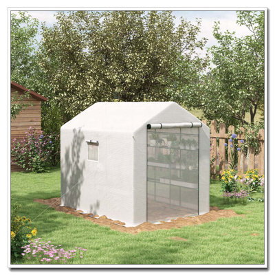 Serre de 8 pi x 6 pi x 7 pi avec porte grillagée et fenêtres Outsunny, serre à 18 tablettes avec treillis, étiquettes pour plantes, protection contre les rayons UV pour la culture de fleurs, d'herbes, de légumes, de gaules, blanc