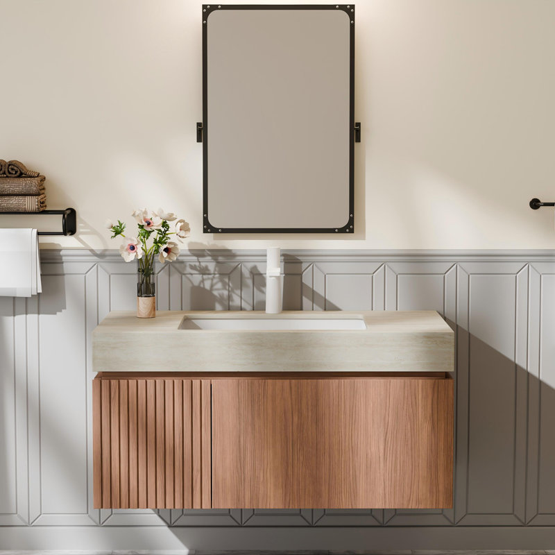 36" Wall-Mounted Bathroom Vanity With Sink, Plywood Cabinet With Drawer & Door, Travertine-Pattern Sintered Stone Countertop, Pre-Assembled