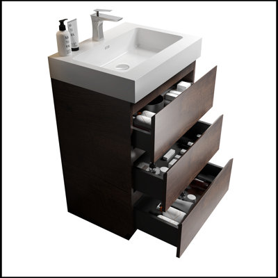 Meuble-lavabo autoportant de 24 po avec évier, grande vasque de rangement Priama pour salle de bain moderne, lavabo une pièce sans drain et robinet, pré-assemblé