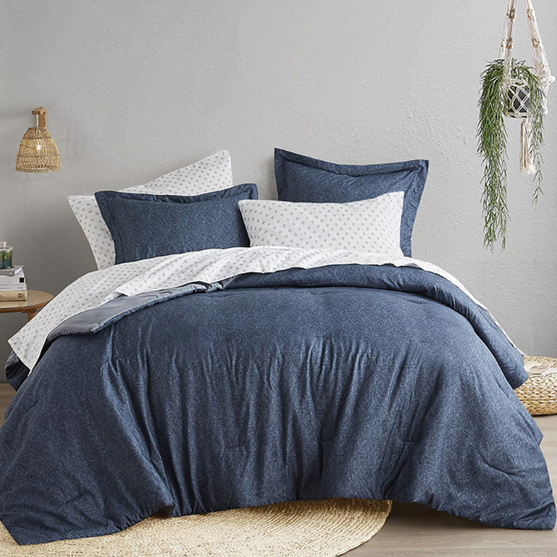 Camden Chambray Print Microfiber Comforter Set With Bed Sheets, Navy, Queen Comforter + 6 Additional Pieces