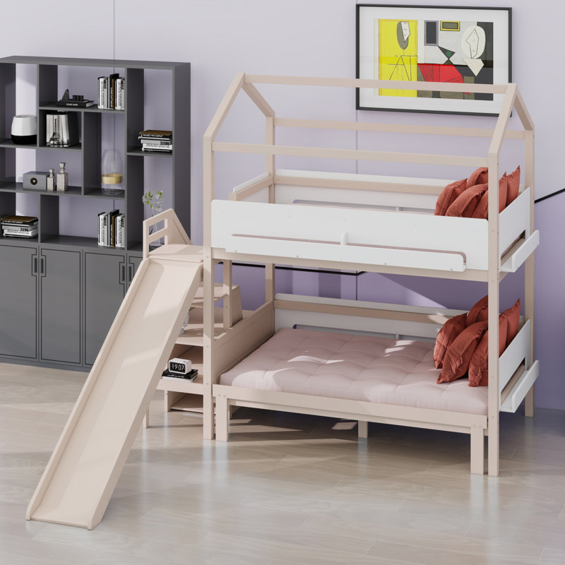 House-Shaped  Bunk Bed with Slide and Storage Staircase, Beige+White