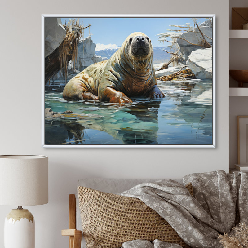 " Walrus Arctic Serenade ", White Floater Framed, 16" H x 32" W x 1" D