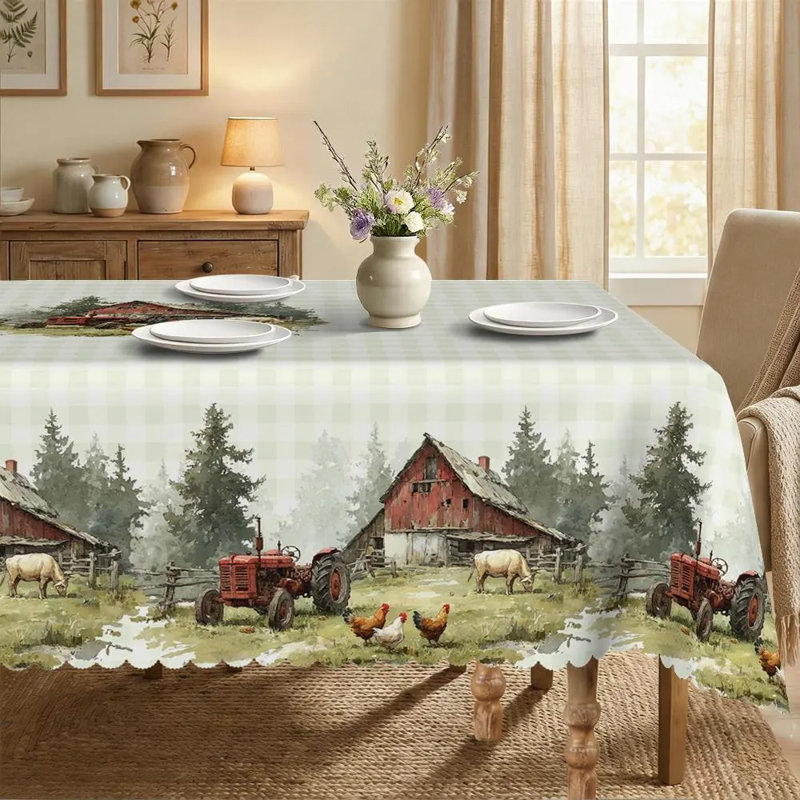 Nappe maison de campagne, impression de grange de tracteur rouge rétro, décor campagnard Vichy