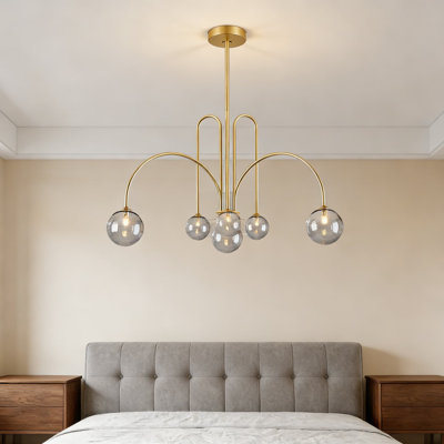 Modern Sputnik Chandelier With 6 Smoke Glass Globes, Mid-Century Ceiling Pendant Light Fixture For Living Room, Dining Room, Foyer, And Bedroom
