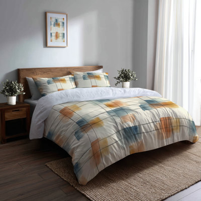Ensemble de literie à motif écossais 3 pièces - Ensemble de housse de couette et de coussin à grille neutre orange