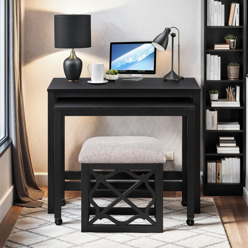 Ensemble de bureau 3 pièces avec tabouret rembourré, ports USB et bureau roulant, Noir, noir, noir, noir