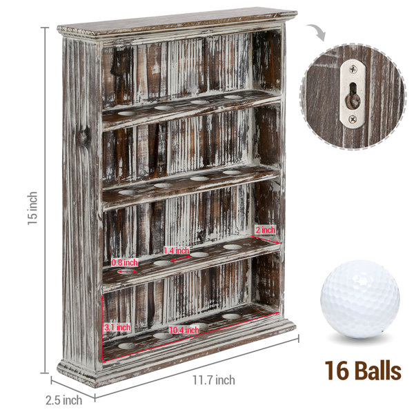 4-Tier Gray Wood Wall Mounted or Tabletop Golf Ball Display Case, Ball Holder Shelf Rack