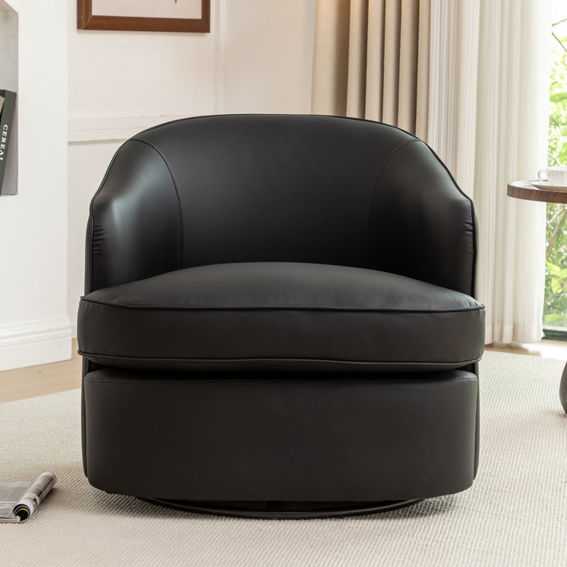 Wooden Vegan Leather Upholstered  Armchair  Swivel Barrel Chair, Black