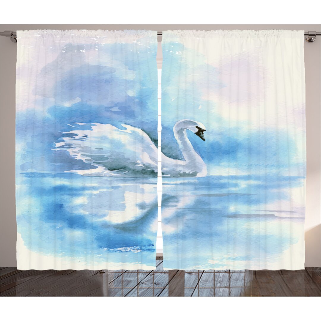 Rustikaler Vorhang, Swan in Hazy River Art, Tier, Blau Weiss