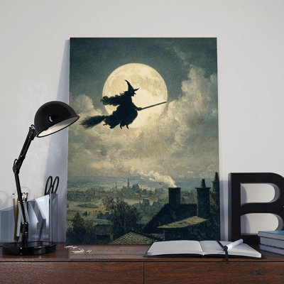 Flying Witch Halloween Dark Moody Night Sky Art, affiche sur toile, art mural, impression de peintures pour le salon, décoration de chambre, cadre 16 x 24 pouces