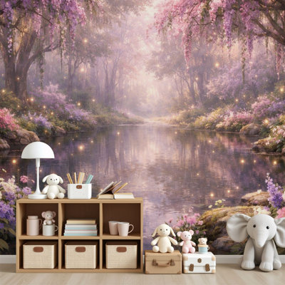 Peel and Stick Wallpaper Forest Glowing Fireflies Pink Blossoms Serene Water Reflection Wall Murals 69"H x 96"W Removable PVC Wall Paper Self-Adhesive Wall Decor for Bedroom Living Room Home Office