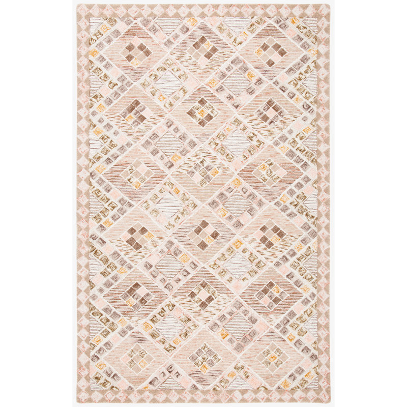Tapis beige en laine touffeté à la main à motif géométrique, Rectangle 5 pi x 8 pi