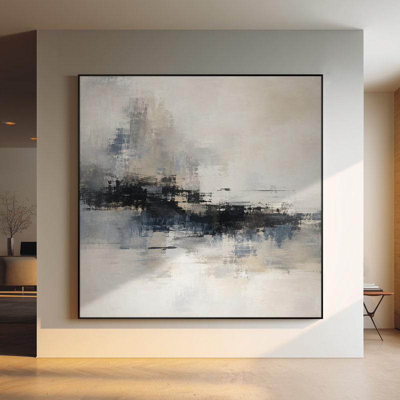Impression sur tissu grand format - Design abstrait minimaliste noir, gris et beige pour salon ou chambre - « Assemblage du cadre requis (cadre non fini) »