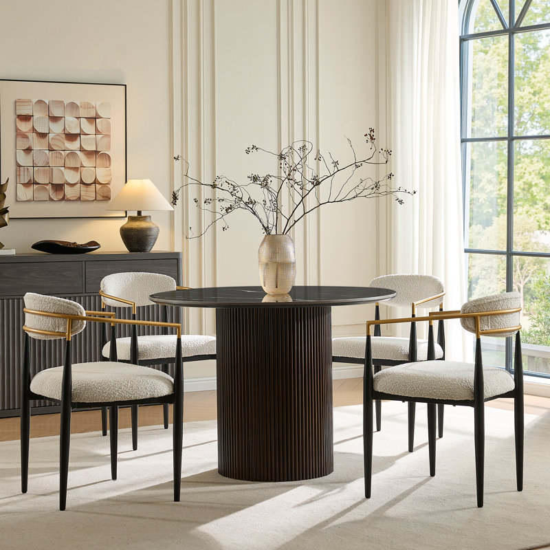 Ensemble de table et de chaises Velora pour 4 personnes, avec plateau en imitation marbre et chaises en tissu., Noir, Blanc