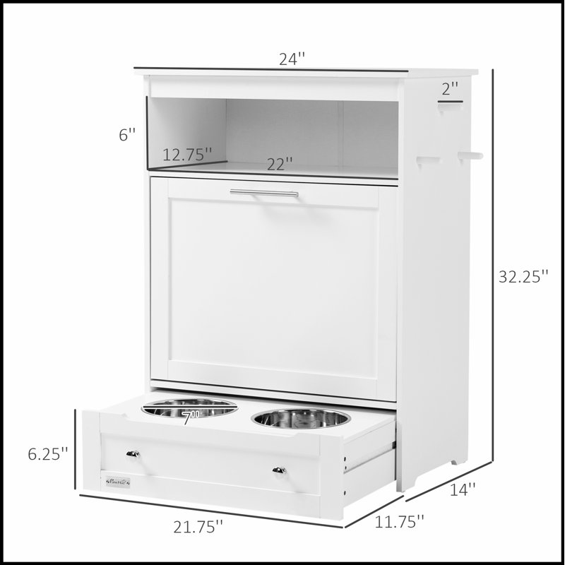 White Pet Feeder Station Storage Cabinet with Raised Bowls for Organized and Stylish Feeding