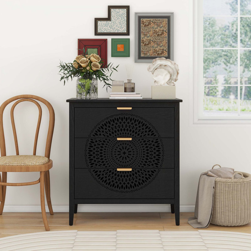 3 Drawer Cabinet With Hollow-Carved, Black