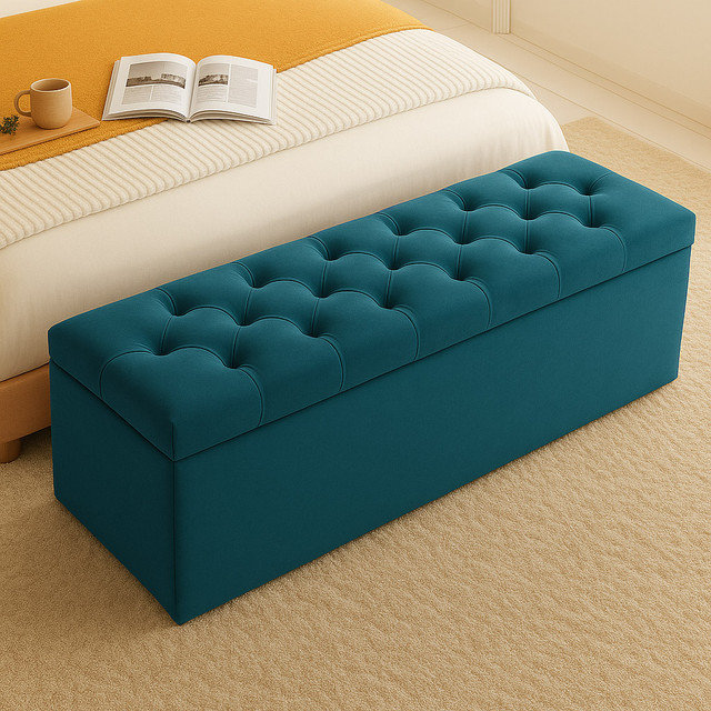 Chesterfield Ottoman Storage Box - Plush Velvet Blanket box - Shoe Bench - End of Bed Bench, Burnt Orange
