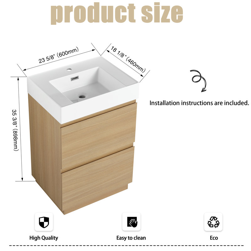 24"Bathroom Vanity Resin Sink with Double drawer, Oak 